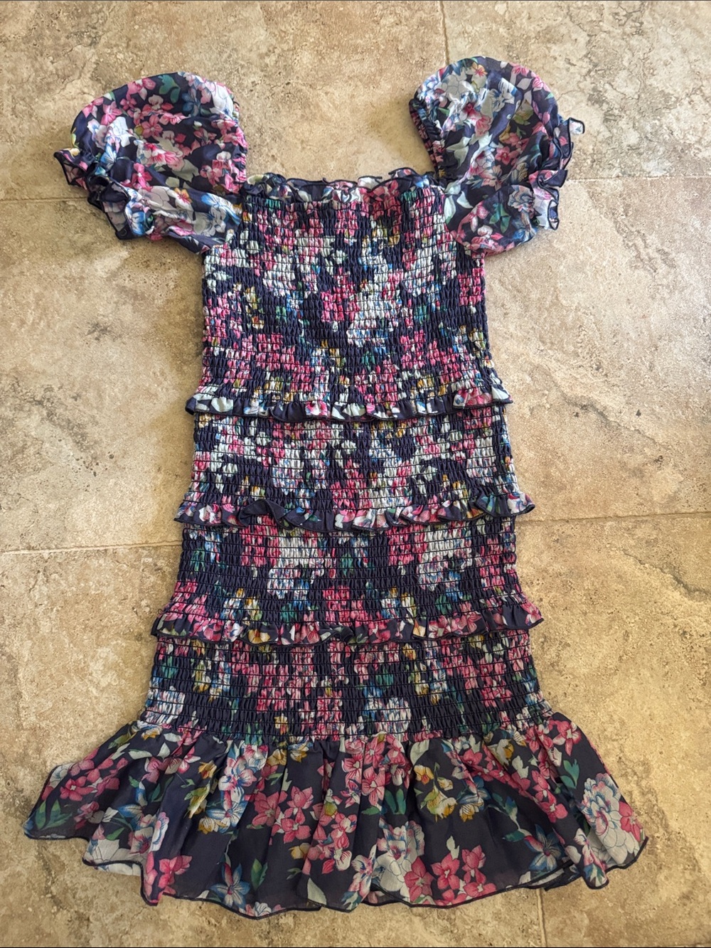 KatieJ NYC Laila Floral Smocked Ruffle Dress Navy girls large stretch/sleeves